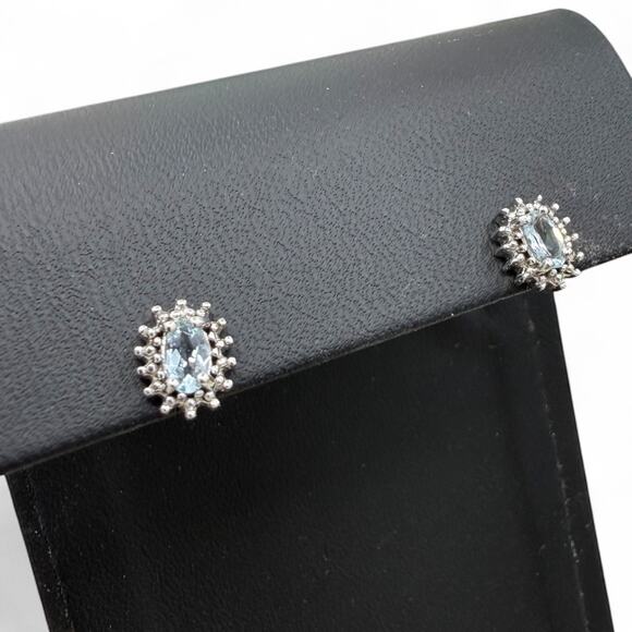 Natural Oval Blue Topaz Diamond Stud Earrings 925 Sterling Silver Butterfly Back - Picture 3 of 4